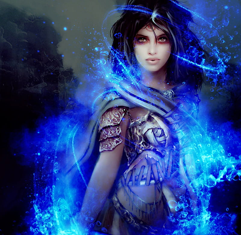 Mystical Blue Fire, mystical, sorcery, fire, girl, bonito, blue, HD wallpaper