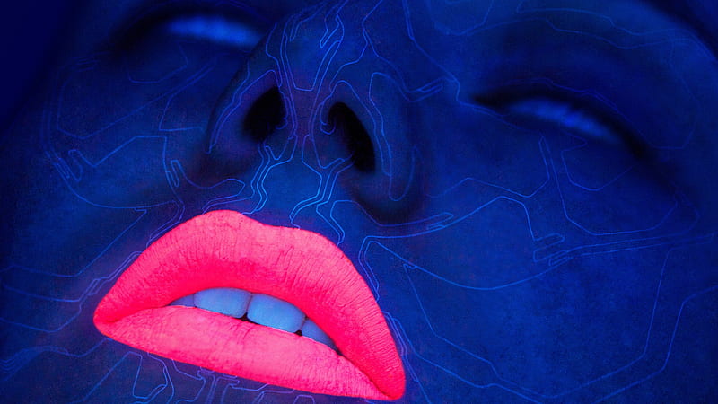 Neon pink, fantasy, girl, neon, face, lips, abstract, pink, blue, HD wallpaper