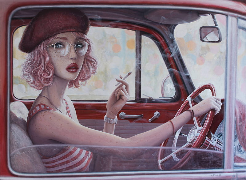 Smoking cigarette in car, red, art, frumusete, moon, luminos, borda, glasses, hat, retro, fantasy, girl, car, pink, vintage, HD wallpaper