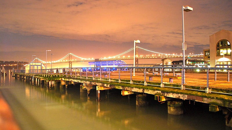 oakland bay bridge from a pier in frisco, bridge, piear, bay, lights, night, HD wallpaper