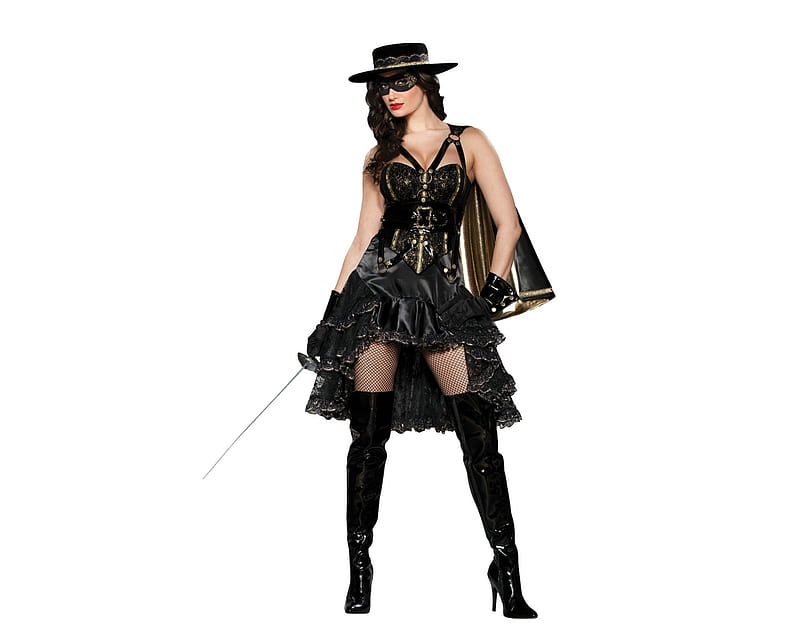 Zorra, model, costume, black, woman, hat, girl, stilettos, white, sword, HD wallpaper