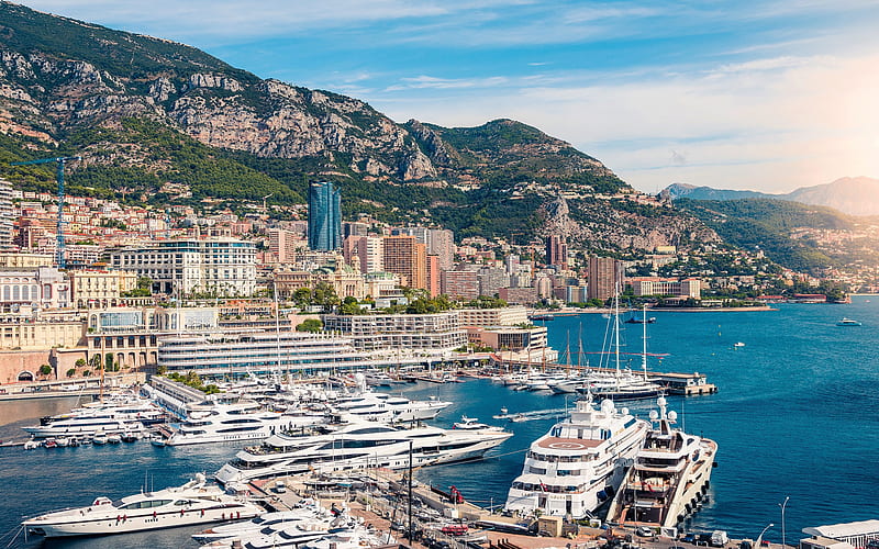 Monte Carlo, summer, cityscape, Mediterranean Sea, luxury yachts, mountain landscape, Monaco, HD wallpaper