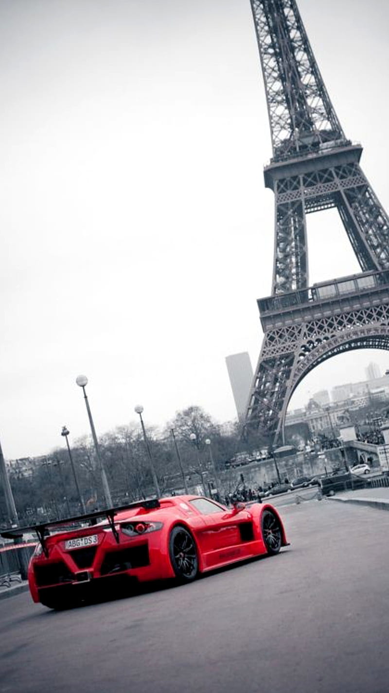Paris, auto, black and white, bw, car, city, eiffel, red, sport, tower, HD phone wallpaper