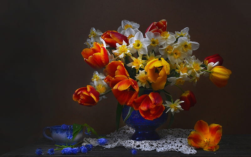 ️, Daffodils, Muscari, Vase, Tulips, Napkin, Bouquet, HD wallpaper