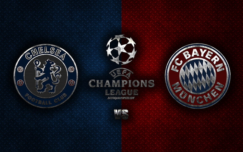 Chelsea FC vs Bayern Munich, UEFA Champions League, 2020, metal logos, promotional materials, red blue metal background, Champions League, football match, Chelsea FC, FC Bayern Munich, HD wallpaper