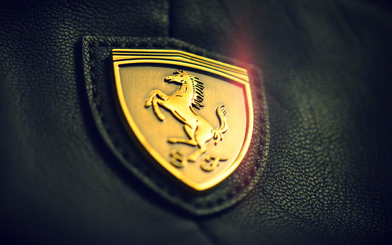 Ferrari golden logo close-up, black leather background, creative, Ferrari logo, brands, Ferrari, HD wallpaper