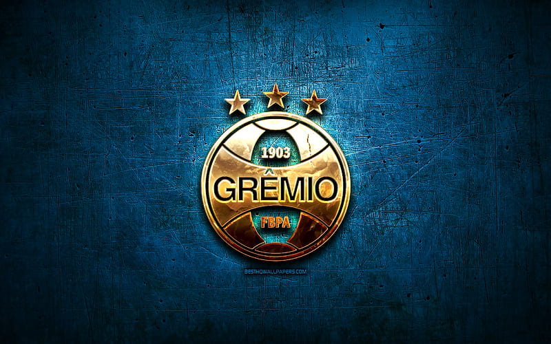 Gremio FC, golden logo, Brazilian Seria A, blue metal background, soccer, brazilian football club, Gremio logo, football, Gremio FBPA, Brazil, HD wallpaper