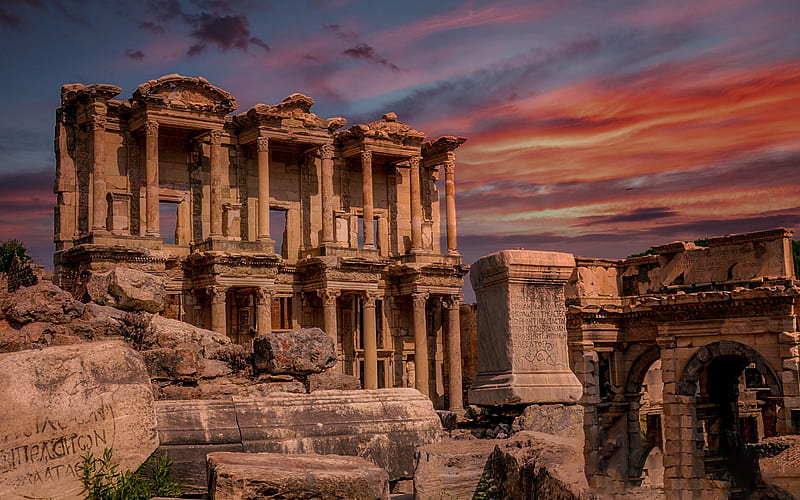 Library of Celsus, Ephesus, ancient building, evening, sunset, landmark, Anatolia, Turkey, HD wallpaper