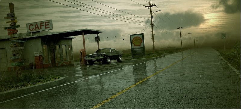 Old Gas Station in the Rain, cafe, gas station, rain, car, HD wallpaper