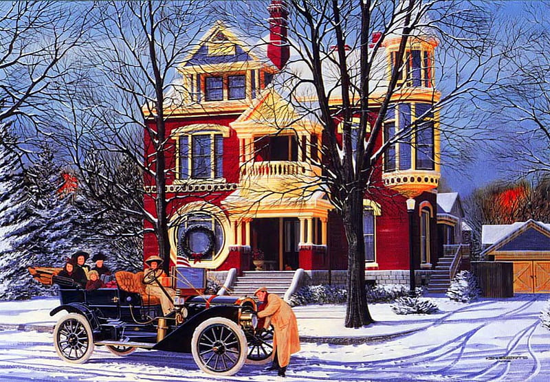 Winter holiday, art, house, christmas, holiday, winter, retro, snow ...