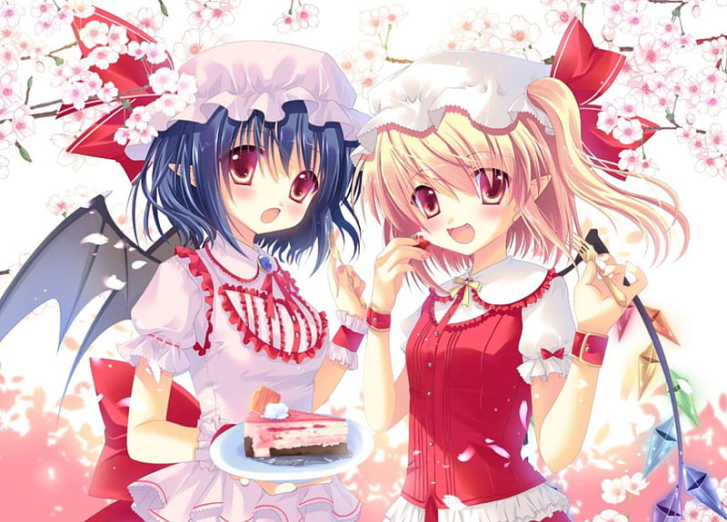 Have some Cake, cake, pretty, dress, sakura blossom, wing, floral, remilia scarlet, cherry blossom, sweet, blossom, nice, anime, touhou, hot, anime girl, fairy, sakura, female, wings, lovely, food, ribbon, sexy, flandre scarlet, cute, girl, flower, petals, HD wallpaper