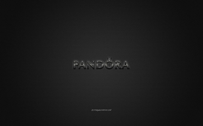 Pandora logo, metal emblem, apparel brand, black carbon texture, global apparel brands, Pandora, fashion concept, Pandora emblem, HD wallpaper