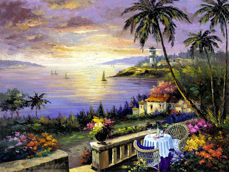 Terrace of the sun, painting, sunset, sky, artwork, palms, sea, HD wallpaper