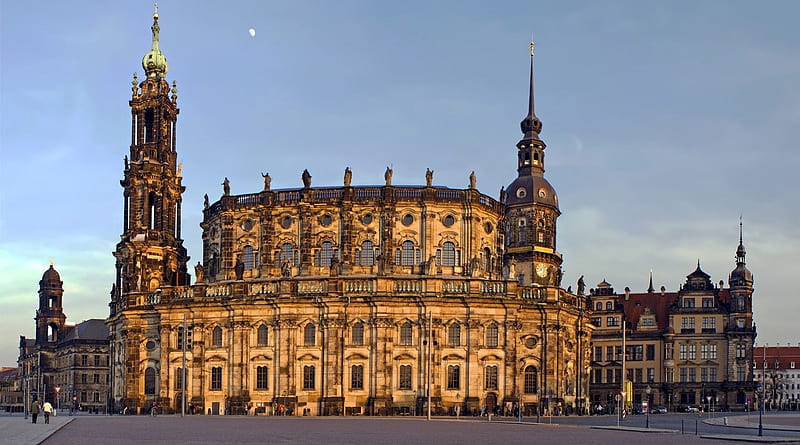cathedral in dresden, cathedral, moon, towers, square, HD wallpaper