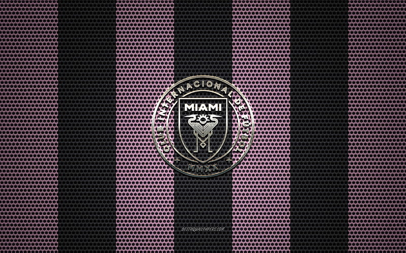 Inter Miami CF logo, American soccer club, metal emblem, pink-black metal mesh background, Inter Miami CF, NHL, Miami, Florida, USA, soccer, HD wallpaper