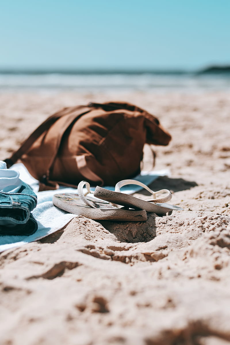 flip-flops, briefcase, beach, sand, HD phone wallpaper