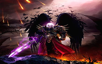 Demon Knight, demon, wings, crows, magic sword, knight, HD wallpaper