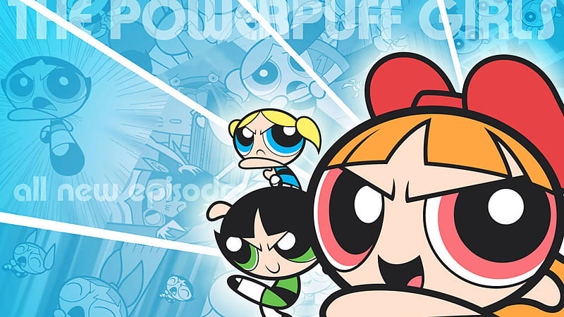 The Powerpuff Girls Blossom, Bubbles and Buttercup In Sky Blue Background Anime, HD wallpaper