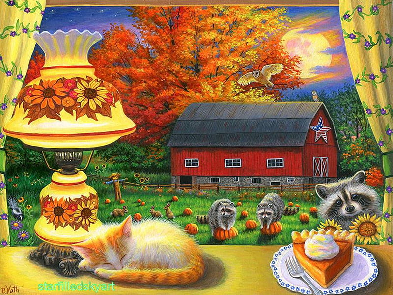 Shine On Harvest Moon, window, lamp, trees, autumn, raccoon, cake, barn, cat, pumpkins, artwork, painting, HD wallpaper