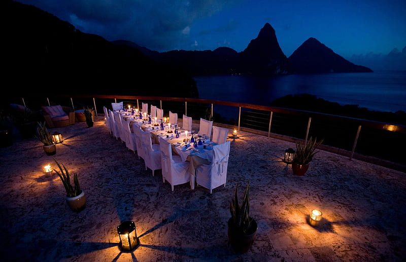 Dinner by Candlelight St Lucia Paradise Island Caribbean, dinner, dusk, candlelight, st lucia, sea, beach, evening, night, exotic, islands, ocean, caribbean, candles, paradise, west indies, dark, island, tropical, HD wallpaper