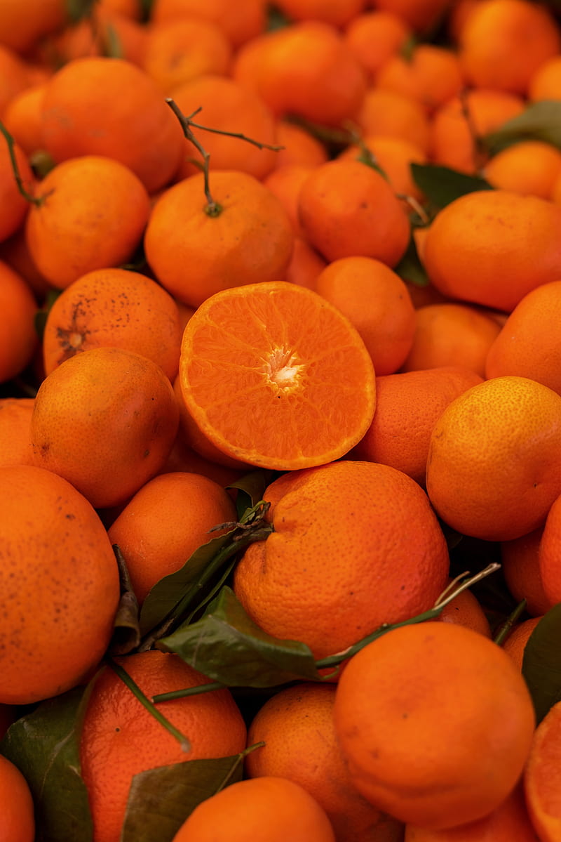 tangerines, fruits, leaves, bright, orange, HD phone wallpaper