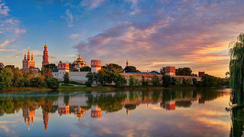 beautiful novodevichy convent in moscow r, convents, river, r, sunset, reflection, church, HD wallpaper