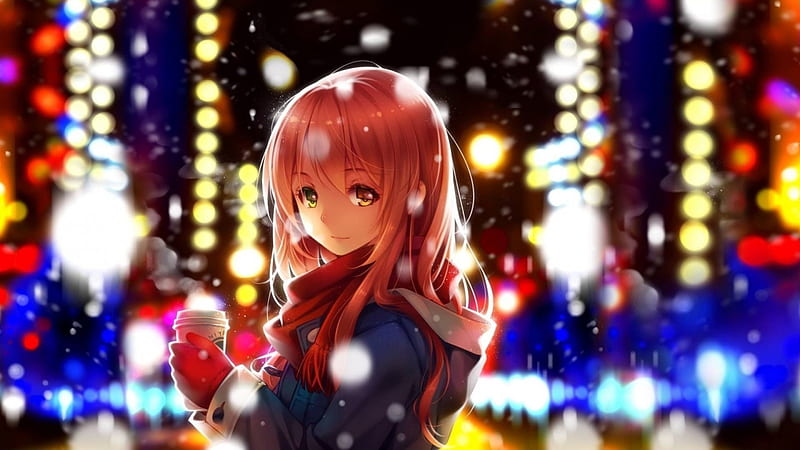 Cute Anime Girl, coffe, girl, redhead, anime, colorfull, lights, winter, HD wallpaper