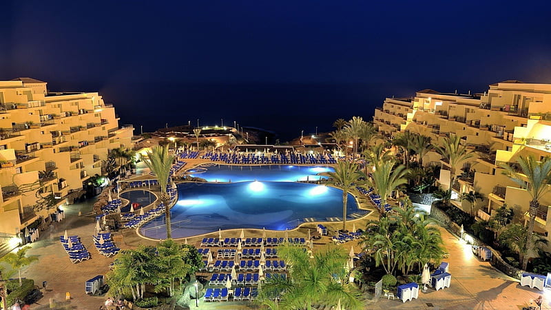 wonderful resort in the canary island, resort, hotel, pool, lights, night, HD wallpaper