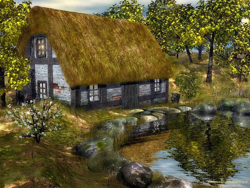 Thatched Cottage, pond, thatched roof, trees, cottage, HD wallpaper