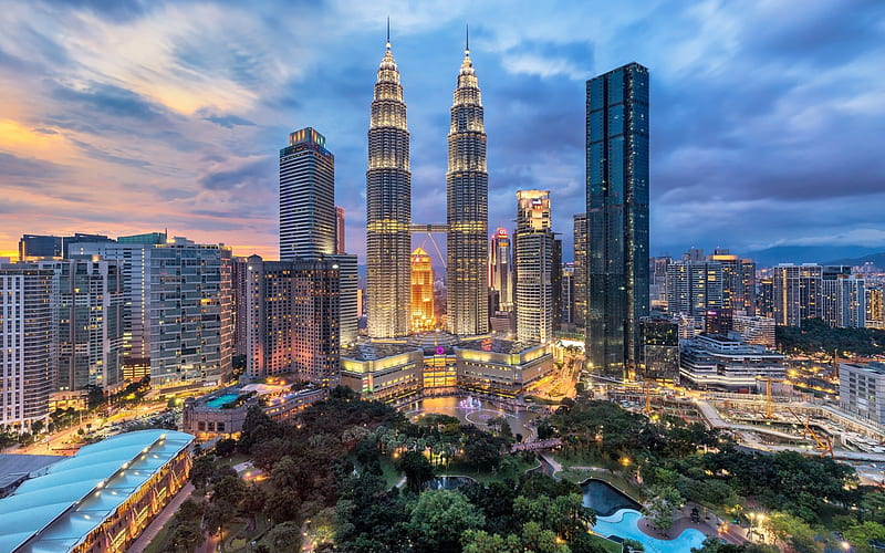 Kuala Lumpur, Petronas Towers, Four Seasons Place Kuala Lumpur, Equatorial Plaza, skyscrapers, evening, sunset, Kuala Lumpur cityscape, Malaysia, HD wallpaper