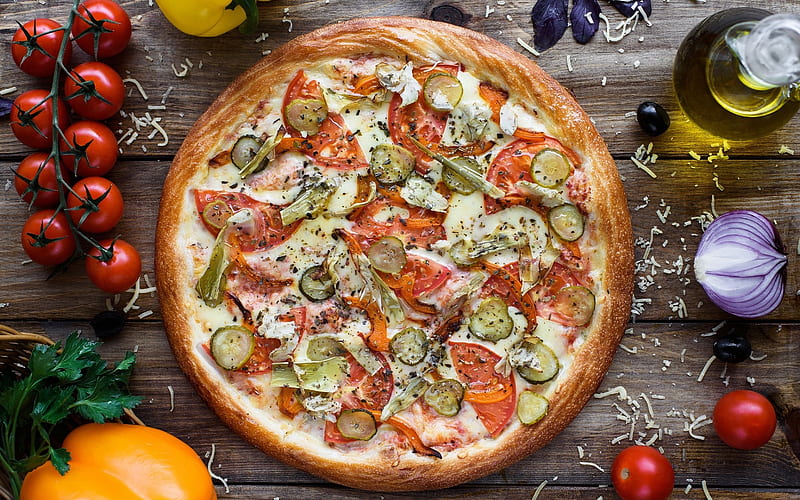 Pizza, tomatoes, mozzarella, onion, Italian food, HD wallpaper