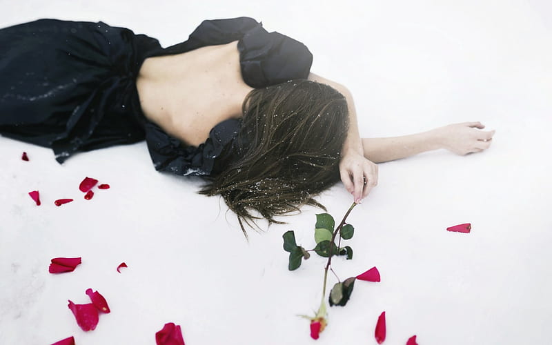 Broken Heart, sadness, rose, woman, mood, winter, red rose, graphy, girl, snow, petals, HD wallpaper