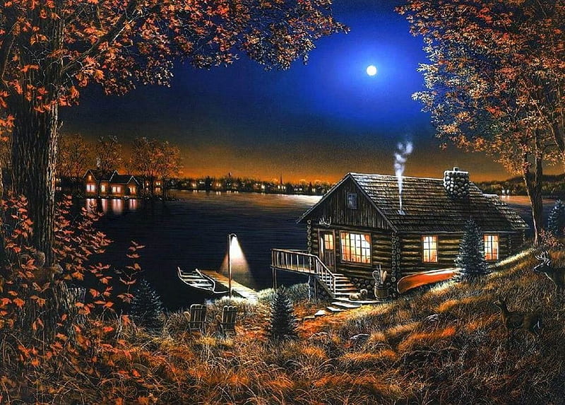 Jim Hansel - Lake cabin, art, moon, jim hansel, pinting, night, HD wallpaper
