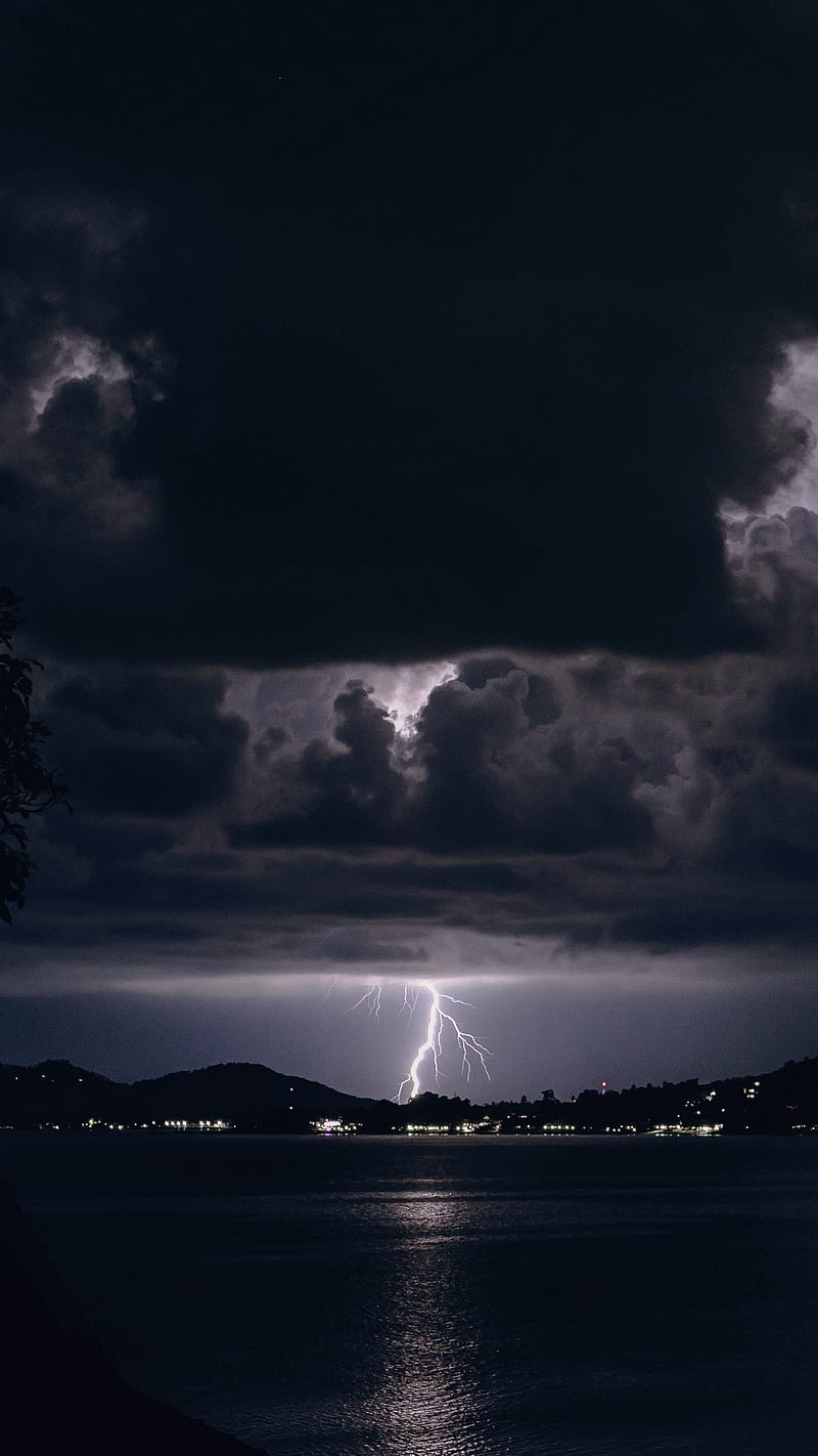 Thunder at the Dark Night , river, clouds, overcast, lightning, HD phone wallpaper