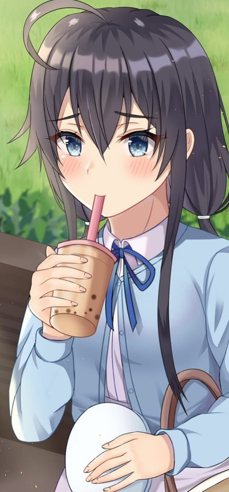 Download Anime Girl With Hoodie And Boba Tea Picture