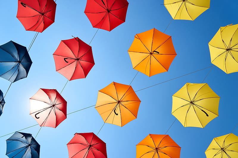 umbrellas, umbrella, colorful, sky, HD wallpaper