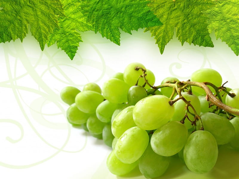 Green grapes, grapes, fruit, green, vine leaves, HD wallpaper