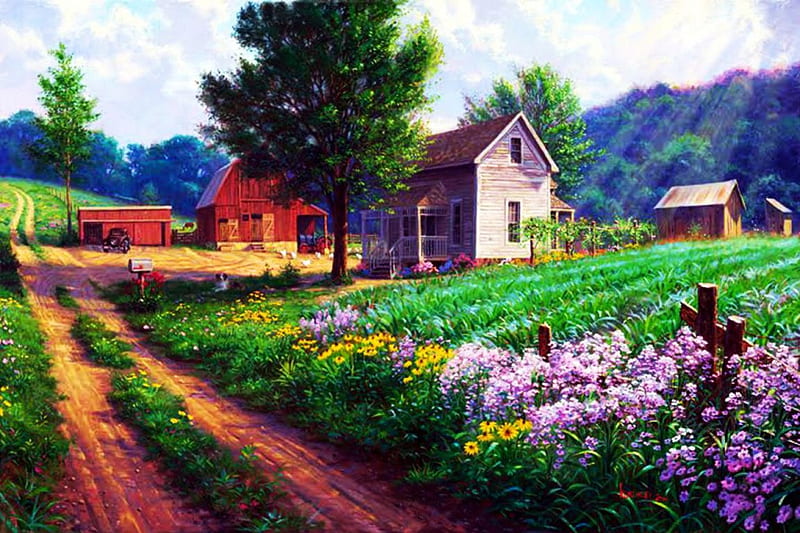 Good Ole Days, house, artwork, barn, car, painting, flowers, path, field, landscape, HD wallpaper