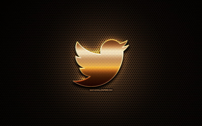 Twitter glitter logo, creative, metal grid background, Twitter logo, brands, Twitter, HD wallpaper