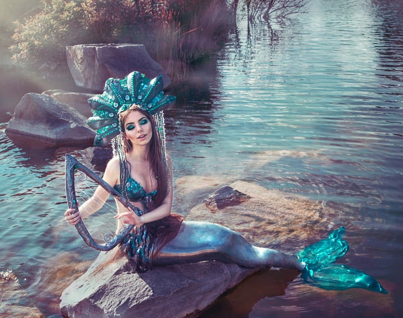 Mermaid, costume, model, harp, woman, HD wallpaper
