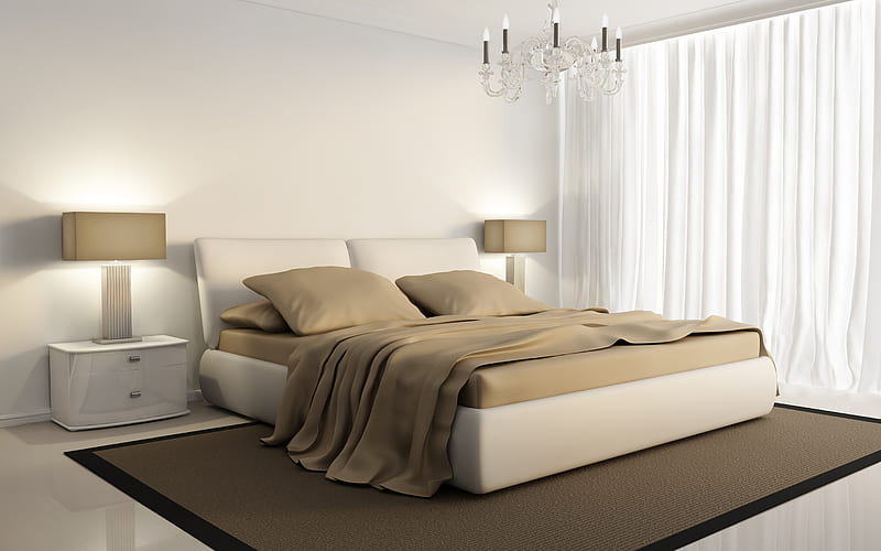 stylish modern bedroom interior, modern design, white brown bedroom, large bed, HD wallpaper