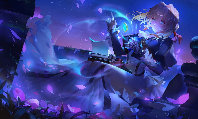 Violet Evergarden, anime, fantasy, luminos, girl, manga, blue, HD wallpaper