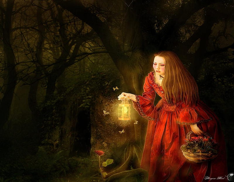 Damnation of the dead roses, red, forest, red dress, lantern, rose, woods, bonito, butterflies, roses, woman, red rose, fantasy, butterfly, girl, dark, night, HD wallpaper