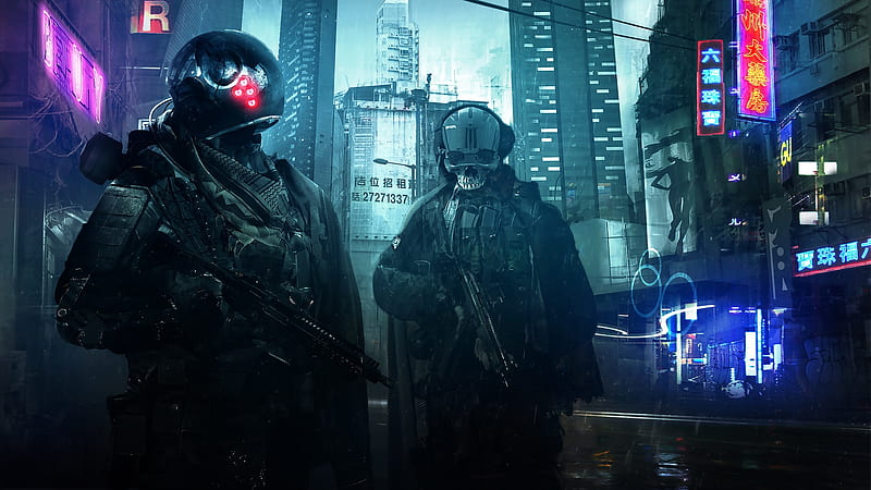 futuristic, cyberpunk city, soldiers, neon lights, sci-fi, Fantasy, HD wallpaper