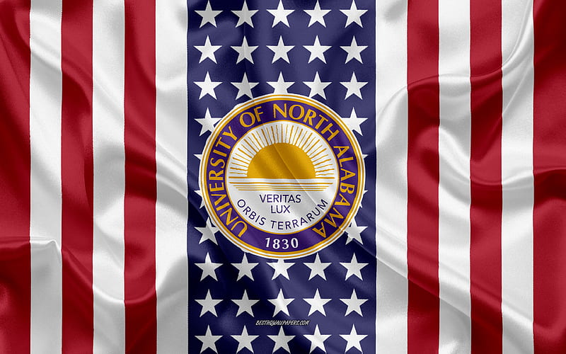 University of North Alabama Emblem, American Flag, University of North Alabama logo, Florence, Alabama, USA, Emblem of University of North Alabama, HD wallpaper