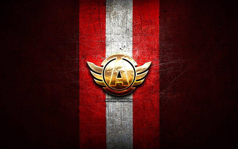 Avtomobilist Yekaterinburg, golden logo, KHL, red metal background ...