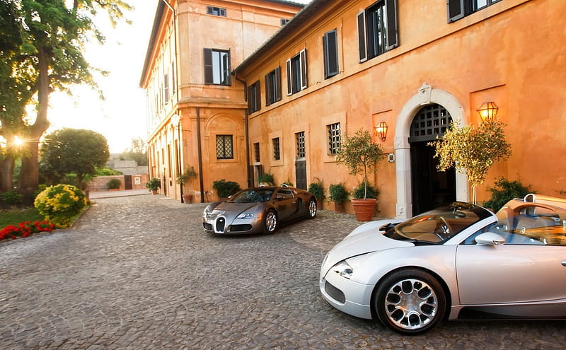 two bugatti veyrons at a mansion, carros, mansion, sunrise, driveway, HD wallpaper