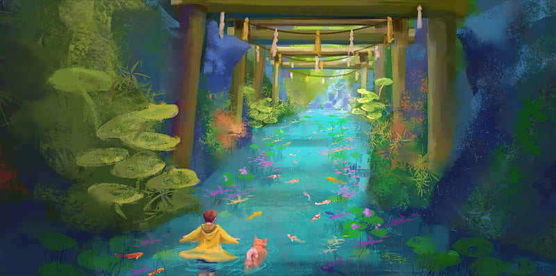 Water walk, water, boy, luminos, fish, jack dowell, blue, art, view from the top, orange, green, HD wallpaper