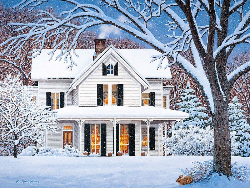 Warm and Cozy, trees, winter, snow, house, painting, HD wallpaper