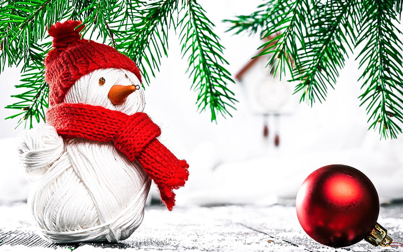 snowman, winter, toy, Christmas, New Year, red scarf, red hat, HD wallpaper